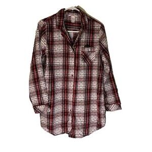 Victoria’s Secret Sleep Shirt S Red Black Plaid Polka Dot Button Up Cozy Pajama